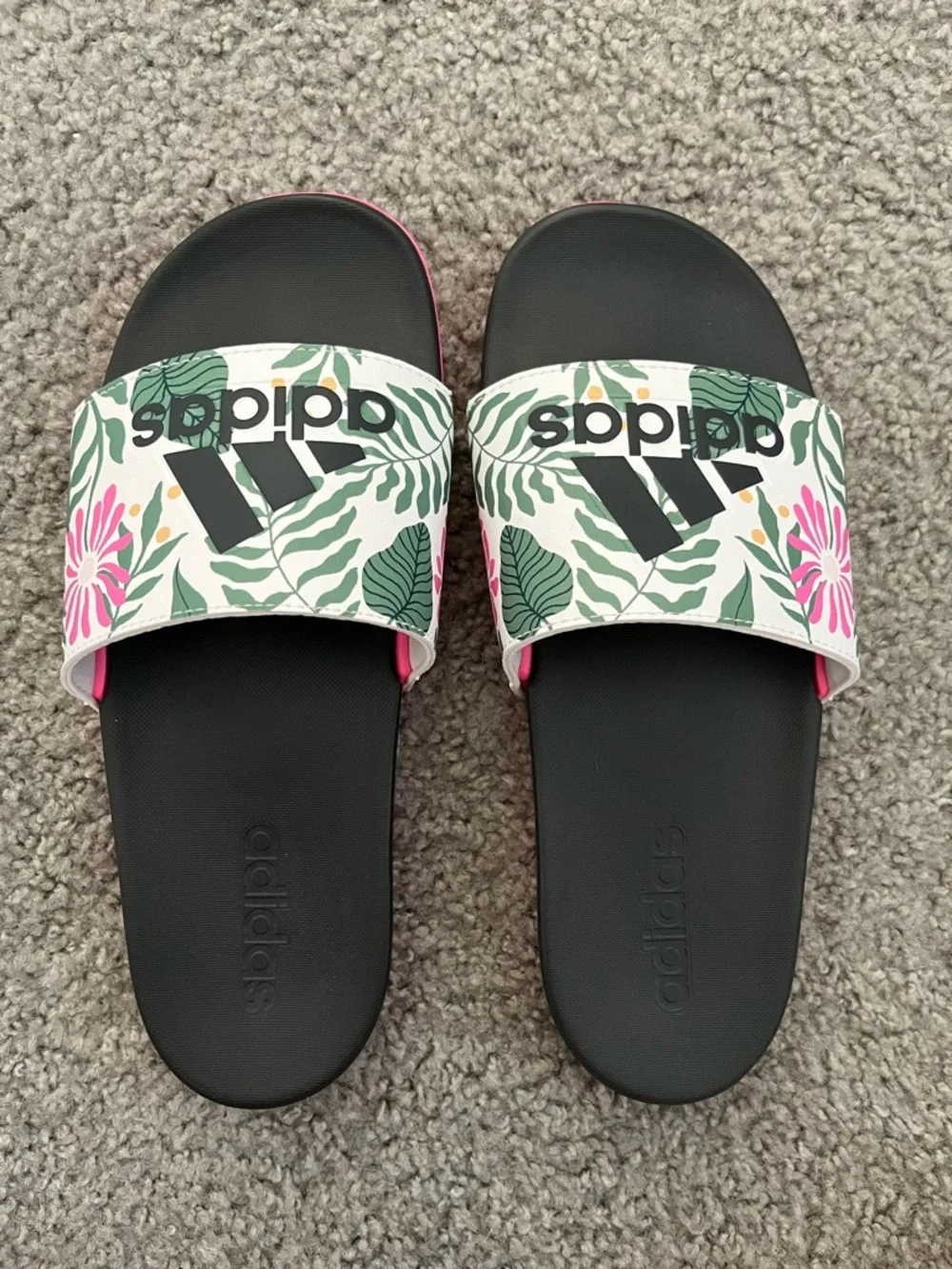 adidas Black Slide Sandals with Pink Trim and Floral Strap - Picture 2 of 8